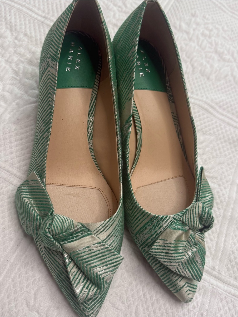 Alex Marie Green & Cream Pointed Toe Knot Pumps